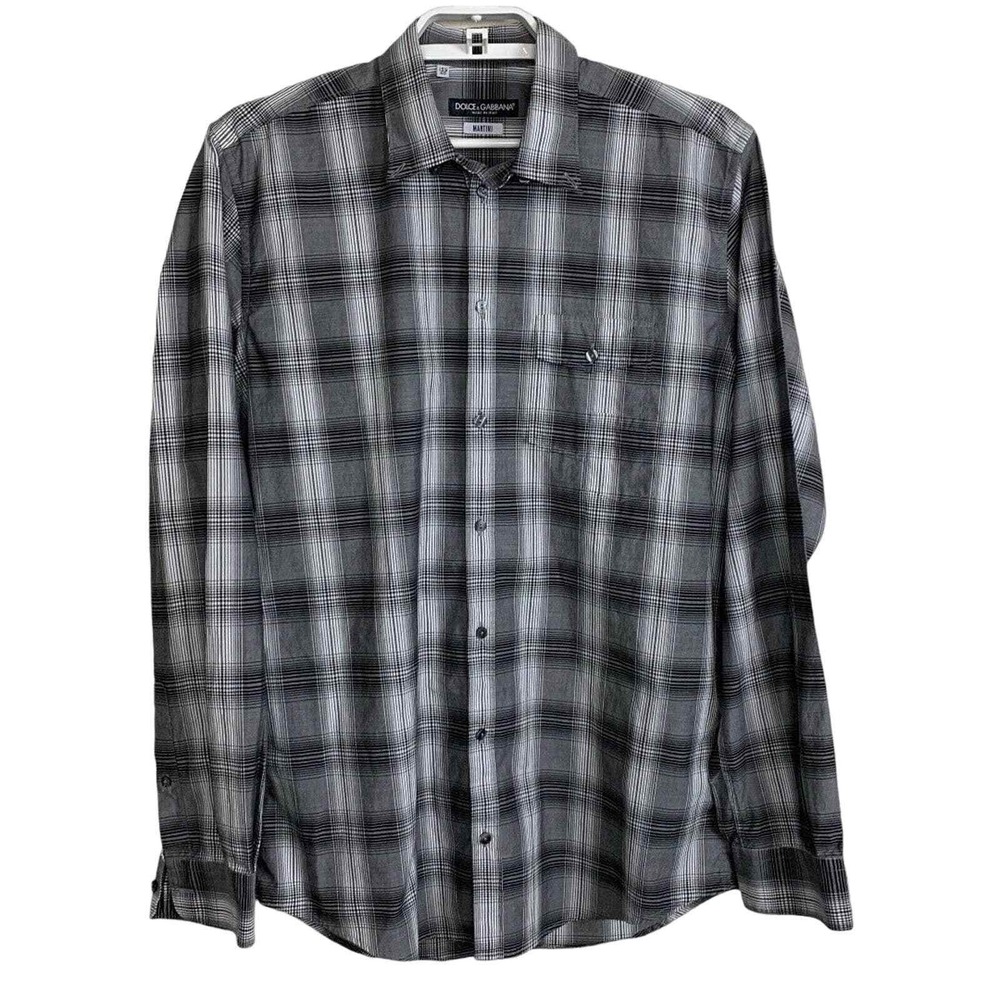 Dolce & Gabbana Martini Shirt Mens 15.5 40 Grey Black Plaid Cotton Button Down
